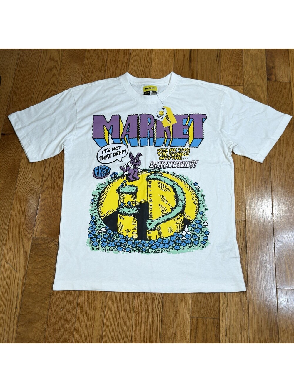 Size Large Men Market Smiley White Rabbit Into The Unknown Short Sleeve T-Shirt